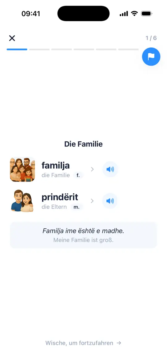 Lektion „Die Familie“: familja, prindërit, mit Bildern, Audio und Beispielsatz