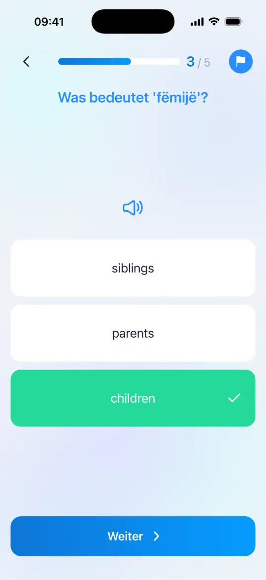 Quizfrage „Was bedeutet fëmijë?“ richtig beantwortet: children