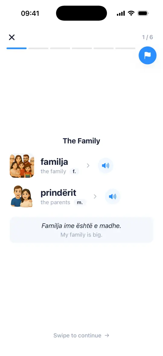 Lesson slide 'The Family': familja, prindërit, with pictures, audio and an example sentence