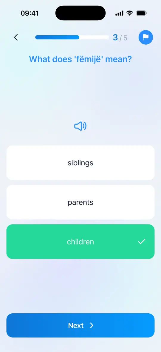 Quiz question 'What does fëmijë mean?' answered correctly: children